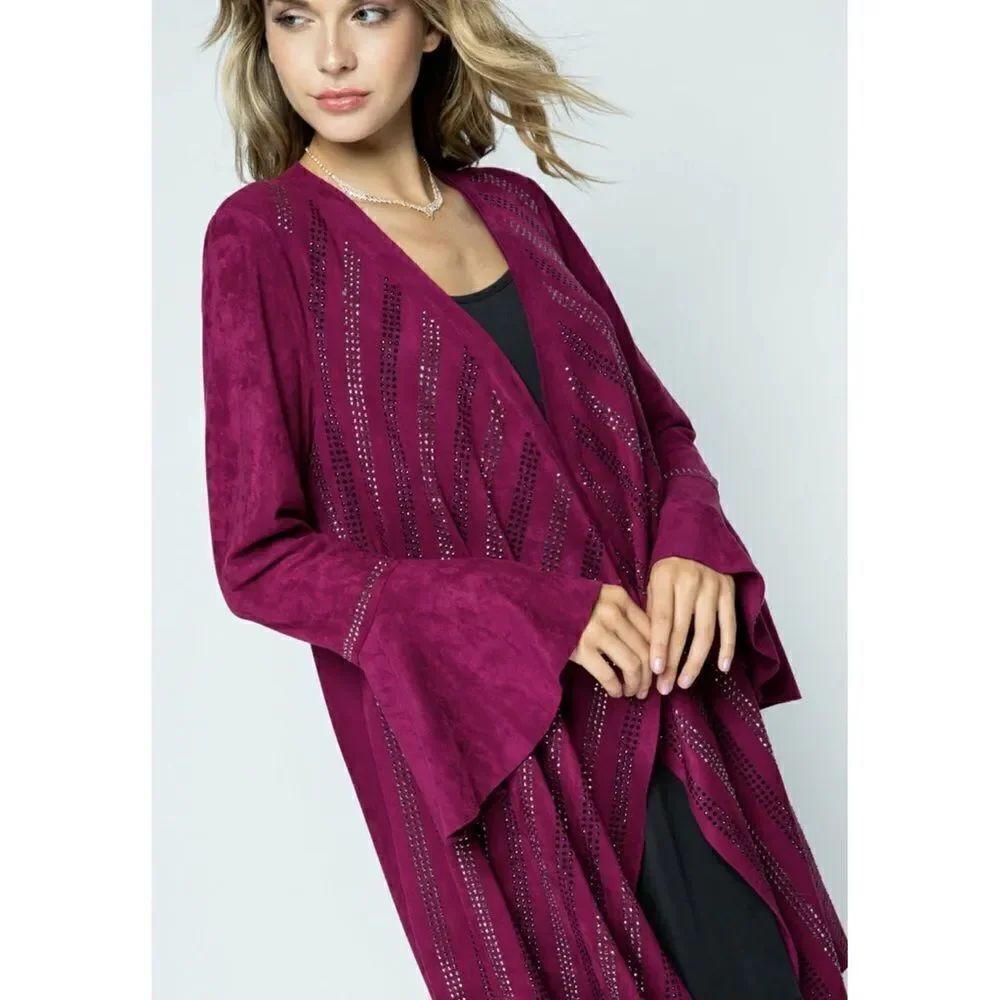Vocal Suede Rhinestone Bell Sleeve Open Front Cardigan - Picture 2 of 3